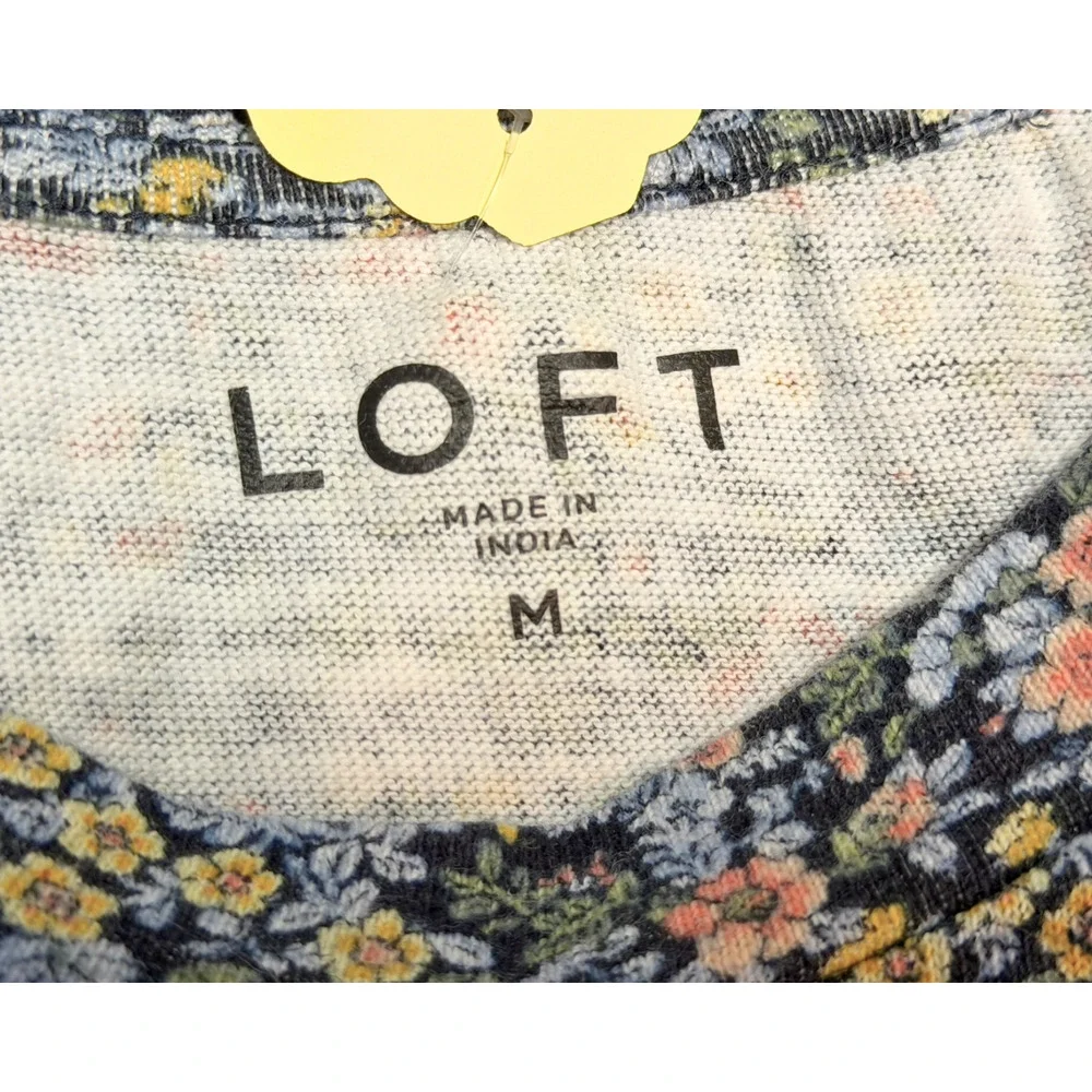 LOFT Sz M Cottage Floral Puff Sleeve Pullover Top Blue Knit Sweatshirt Romantic